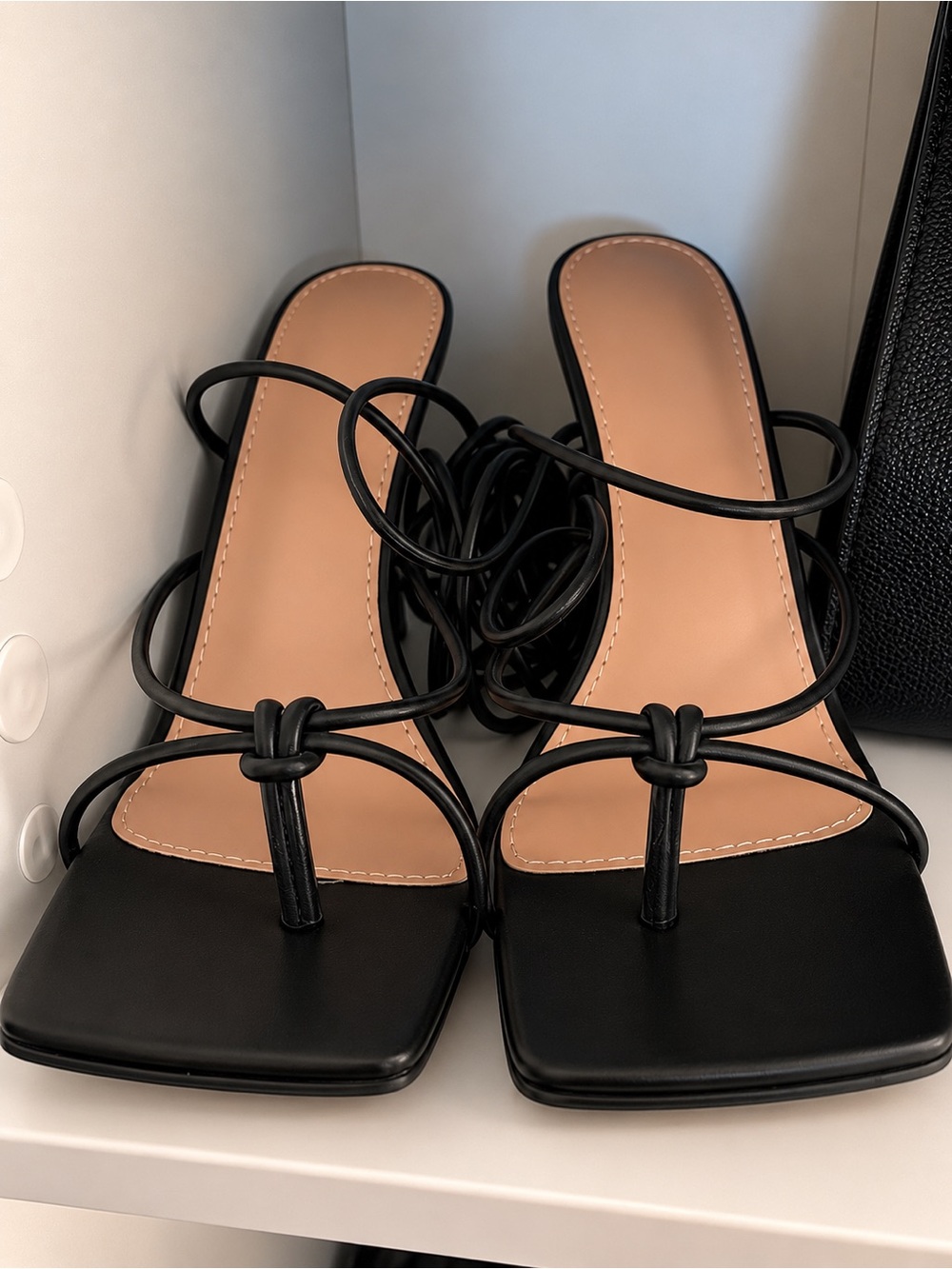 SHEIN Black Knotted Square-Toe Strappy Sandals